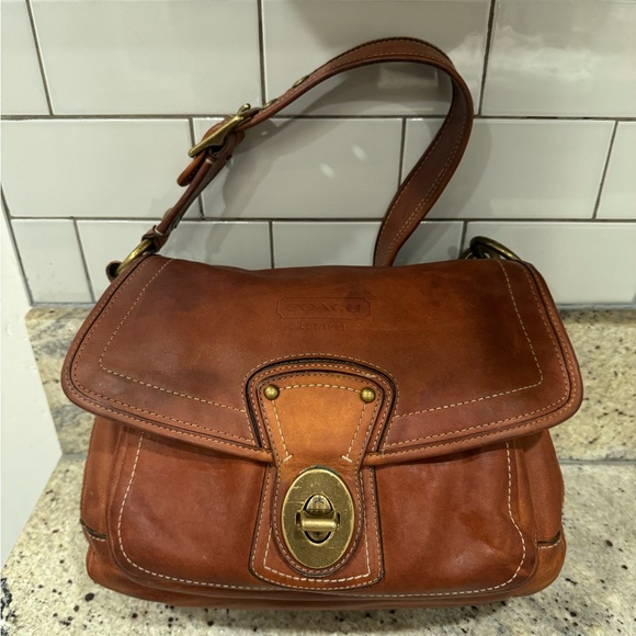 COACH Legacy Turnlock Shoulder Bag Leather Whiskey Brown 65th F/S Used - Picture 1 of 8